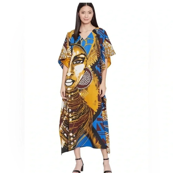 GYPSIE BLU | Tribal Print Multicolored Caftan Dress Kimono Sleeves One Size - Picture 1 of 8